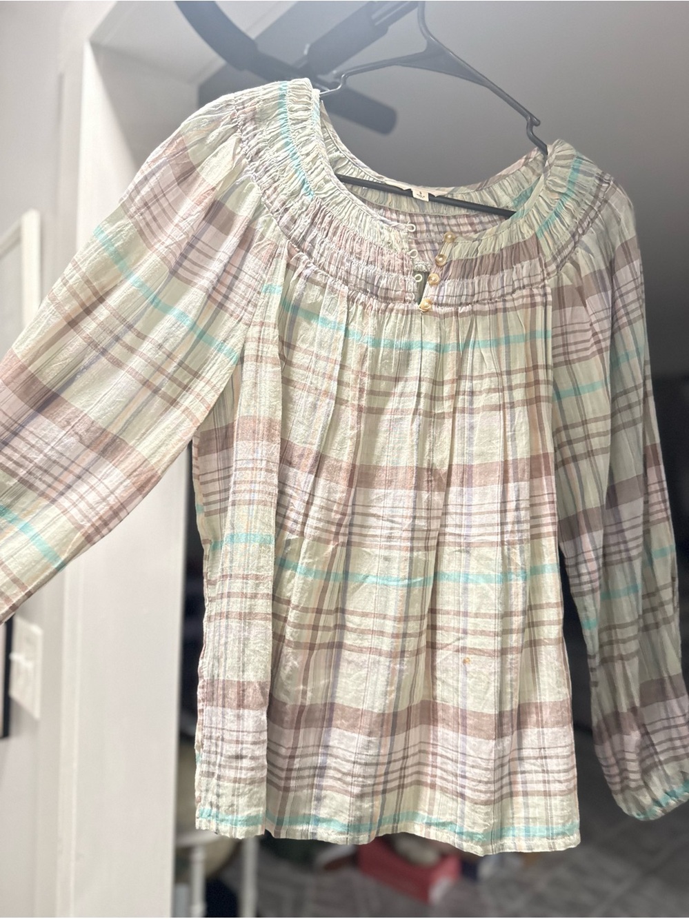Lucky Brand Cream Plaid Peasant Blouse with Aqua Accents